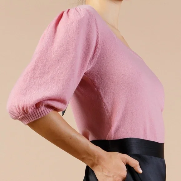 Cashmere Puff Sleeve Top Square Neck, Pink Cashmere Sweater w Silk Bow S,M,L,XL - Picture 5 of 9